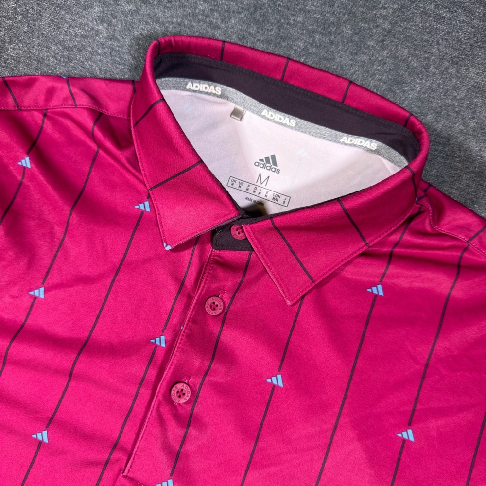 Adidas Polo Shirt Mens M Pink Pinstripe Short Sleeve Logo Golf Performance 5253